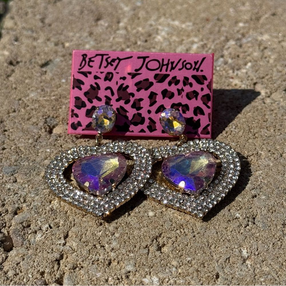 EARRINGS! Betsey Johnson Double AB Heart and Gemstone Earrings BNWT - Picture 4 of 5